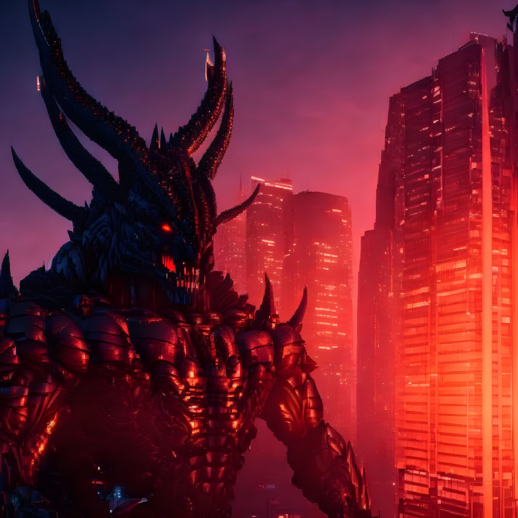 Giant dragon-like creature in neon futuristic cityscape at dusk