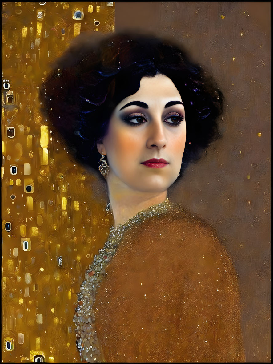 Vintage-inspired portrait of a woman with dramatic makeup and elegant pose on golden textured background