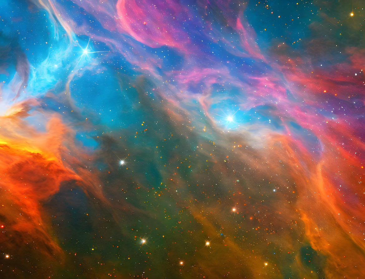 Colorful cosmic scene with red, blue, and orange swirls, nebula clouds, and stars