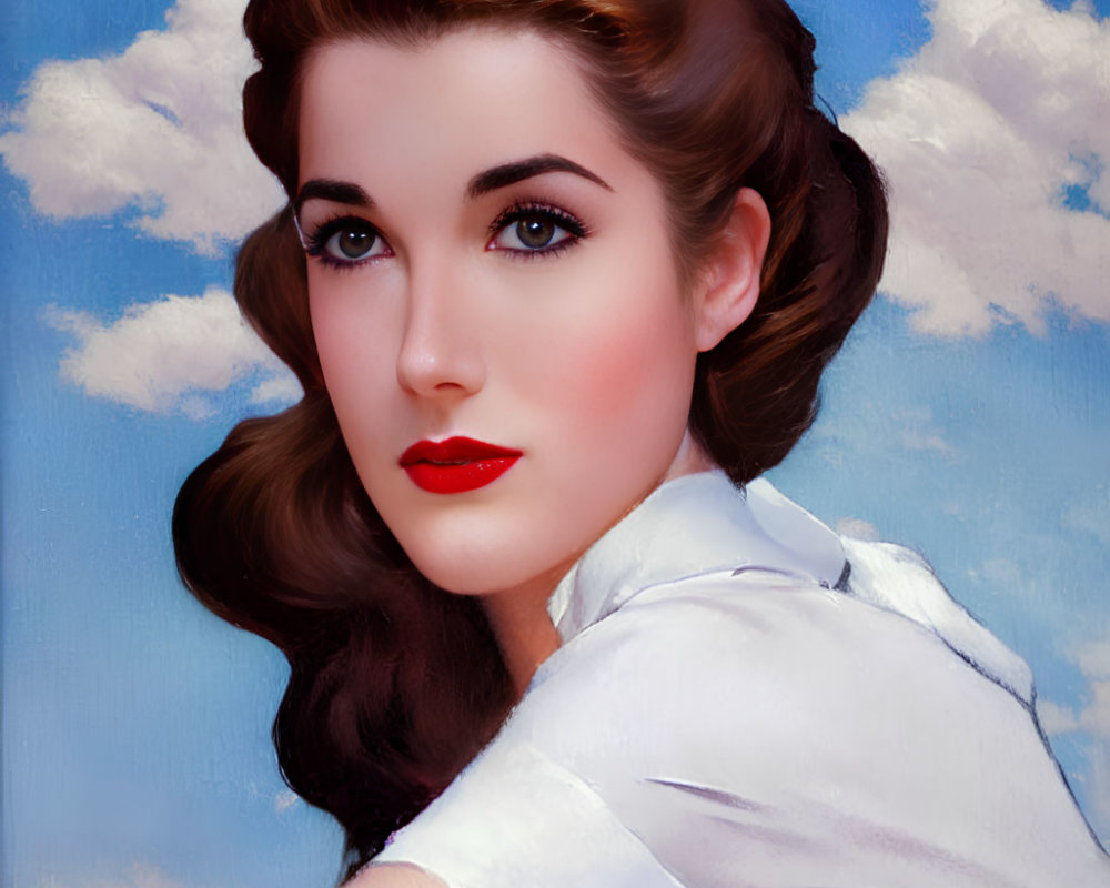 Brunette woman portrait in white blouse under blue sky