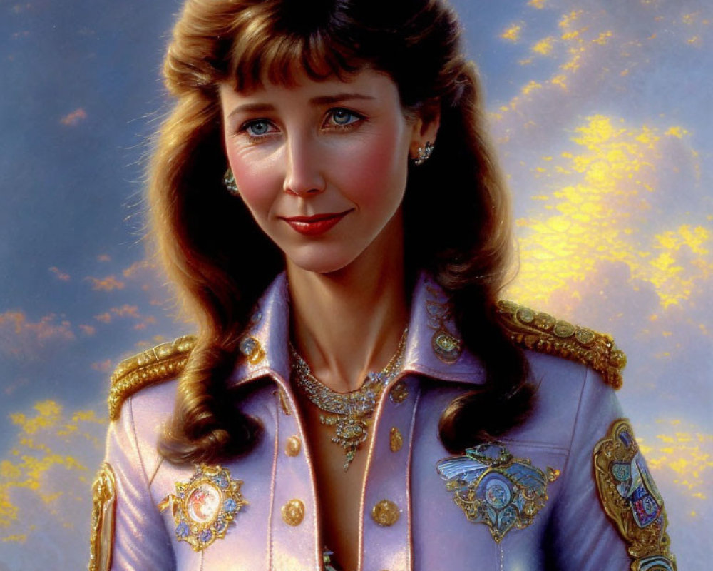 Portrait of Woman with Blue Eyes and Brown Hair in Lilac Jacket with Gold and Jewel Embellishments