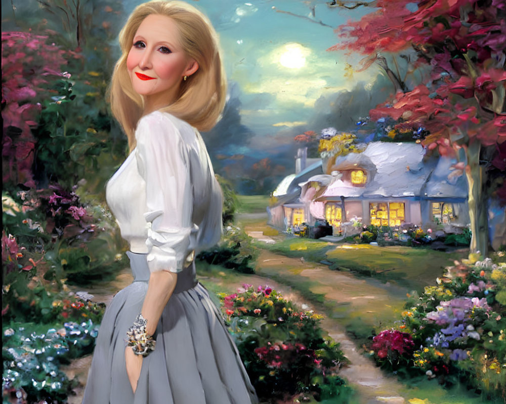 Blond woman in white blouse and gray skirt in colorful garden at night