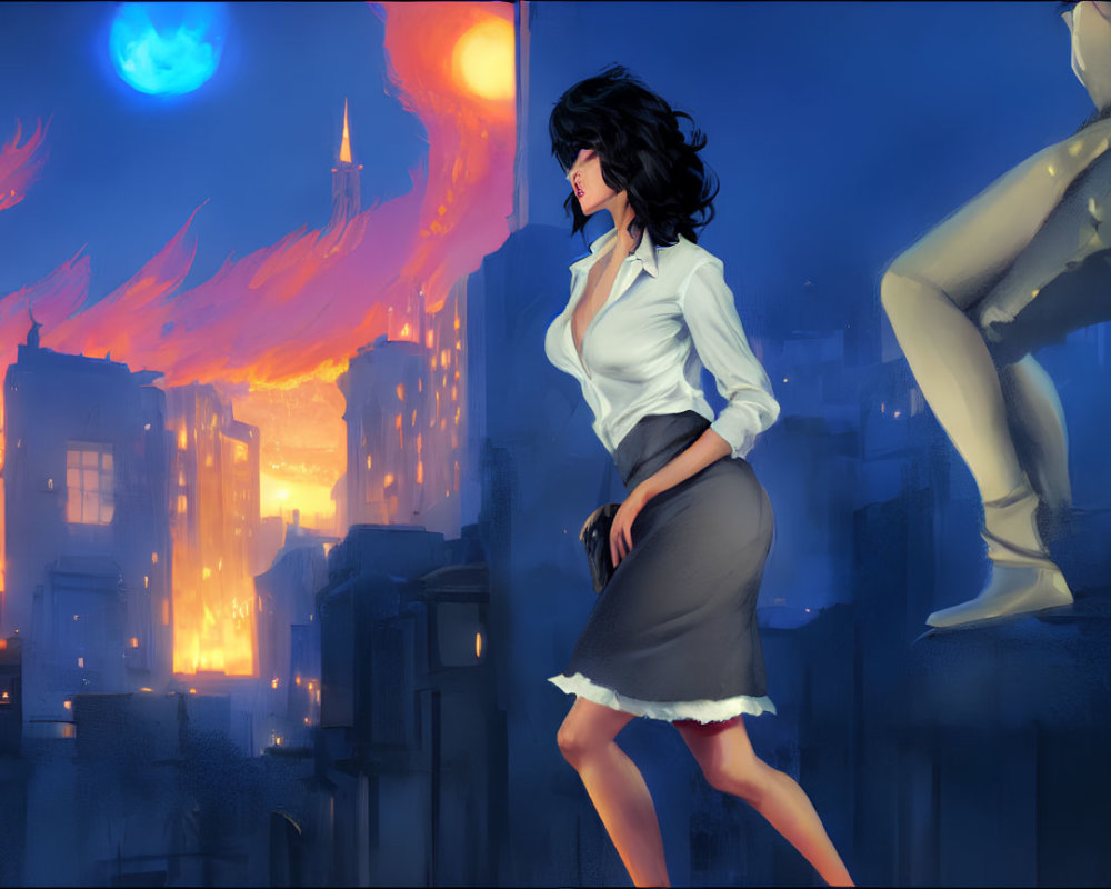 Stylized illustration of woman in office attire against dystopian cityscape