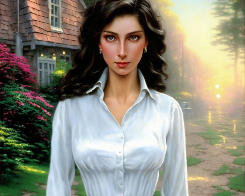 Dark-haired woman in white shirt with striking eyes, cottage and sunlight backdrop