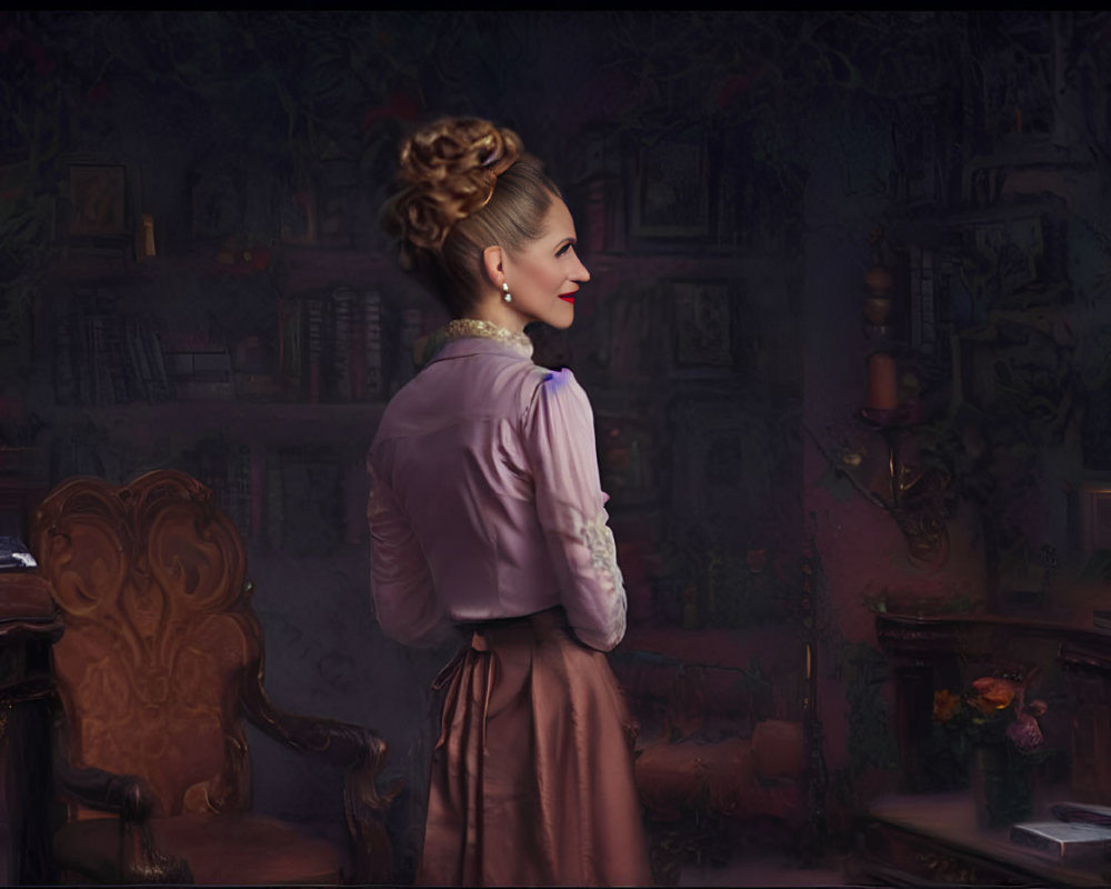 Vintage-inspired portrait of a woman in elegant attire with antique decor and books