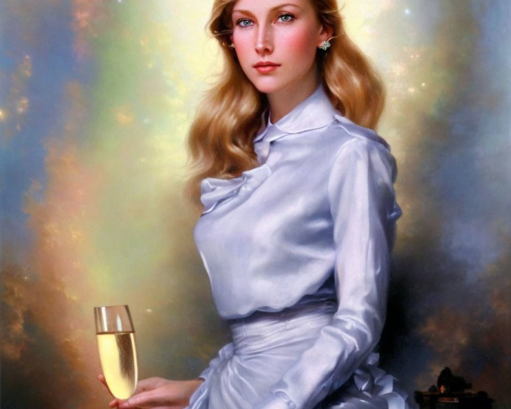 Blonde Woman in Silvery Blue Dress with Champagne Flute on Cosmic Background