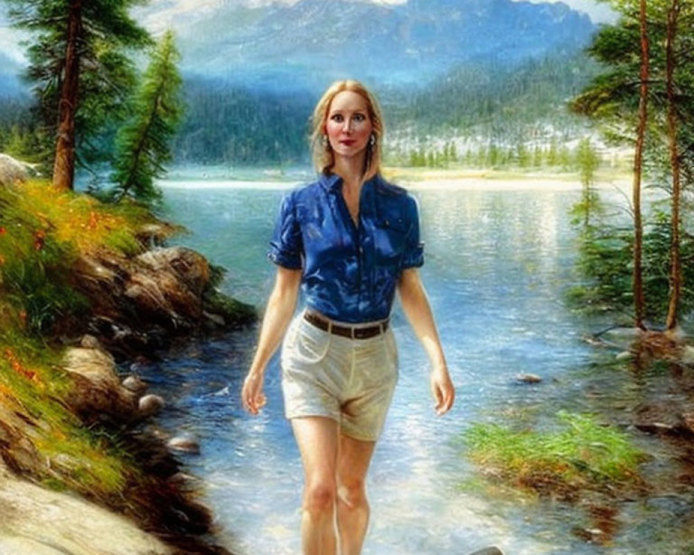 Woman in Blue Shirt Walking in Shallow River with Mountainous Backdrop