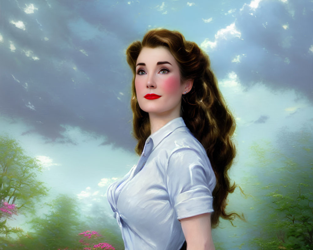 Digital artwork of woman with brown hair and red lipstick in white blouse against blue sky and greenery