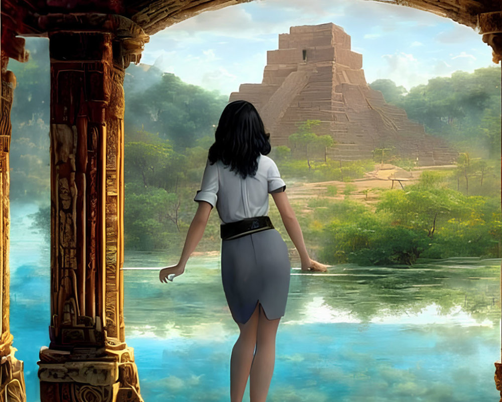 Woman at arched stone doorway overlooking ancient pyramid near serene lake