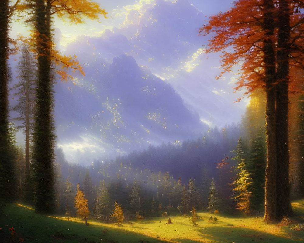 Autumn forest path with sunbeams and misty mountains