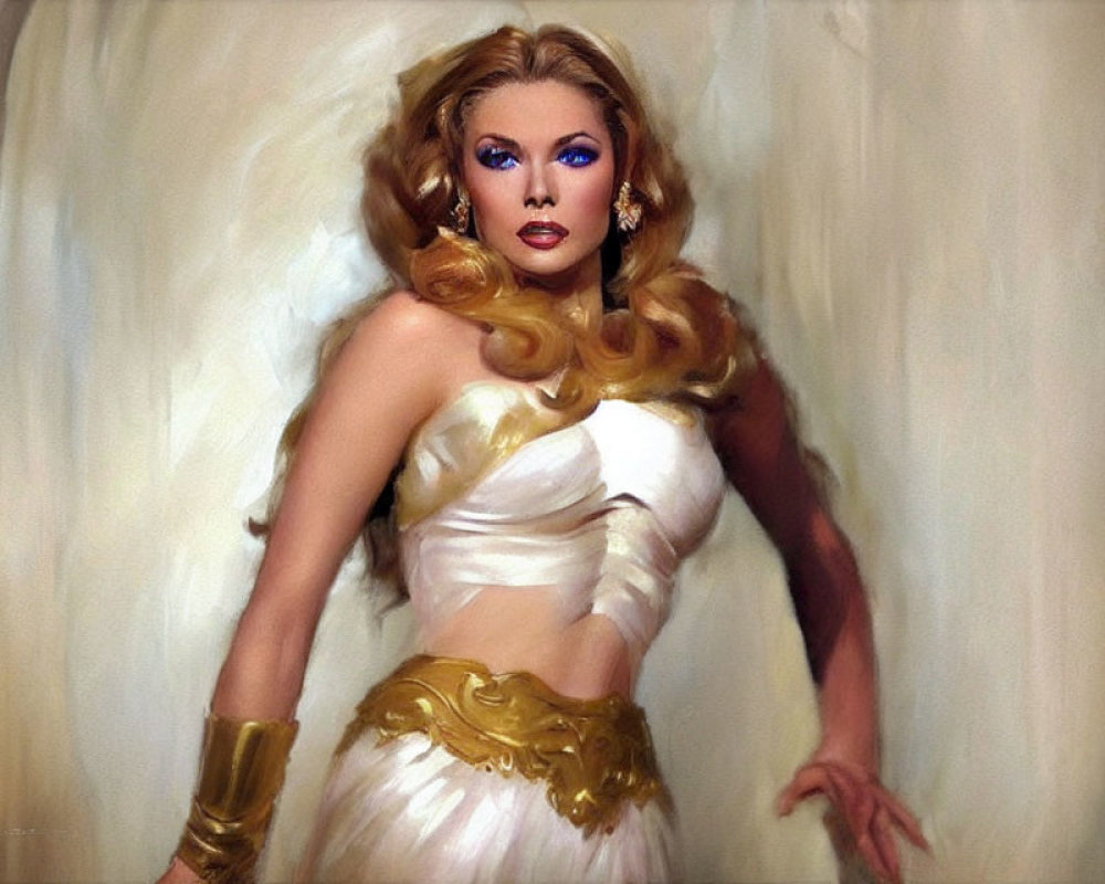 Blond Woman in White and Gold Costume with Determined Gaze