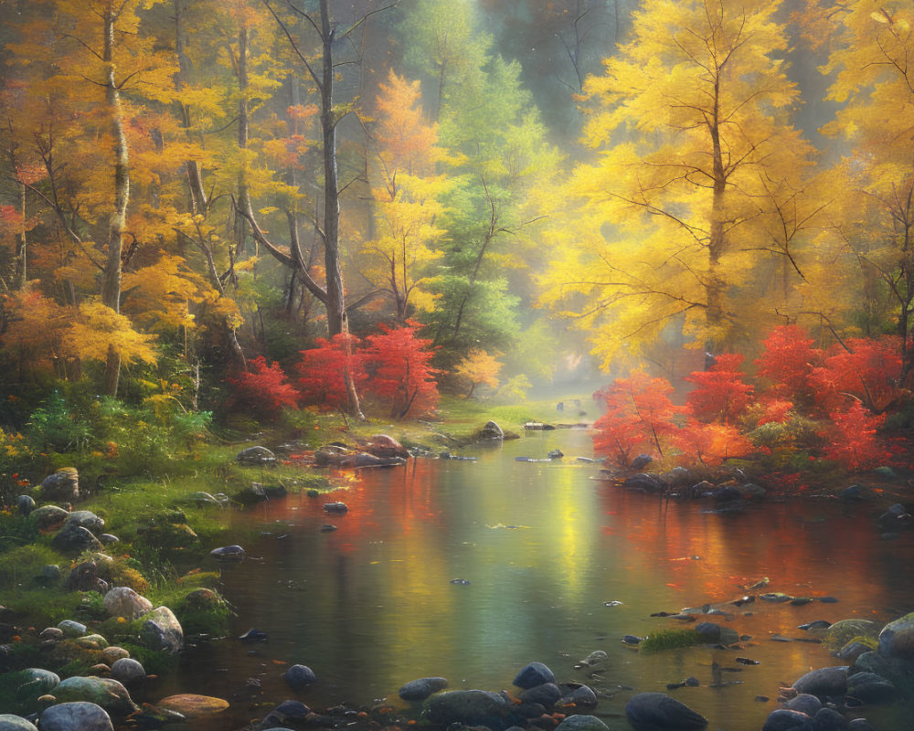 Tranquil stream in vibrant autumn forest with sunlit foliage