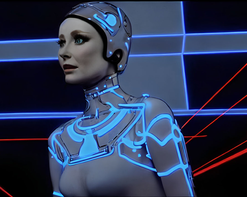 Realistic female humanoid robot with neon-lit mechanical body