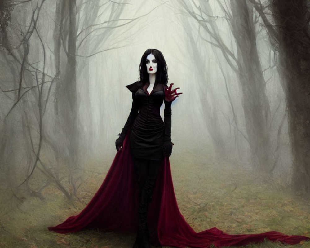 Gothic vampire in red cloak among foggy trees