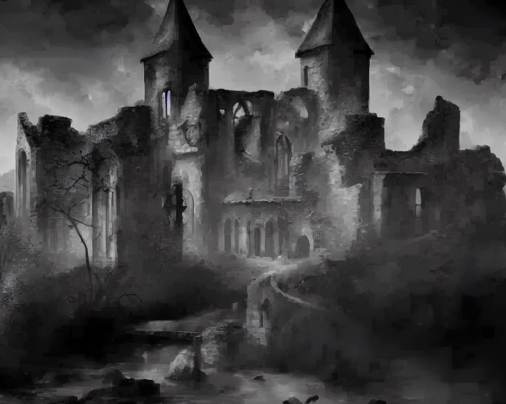 Monochrome artwork of a dilapidated castle in a gloomy landscape