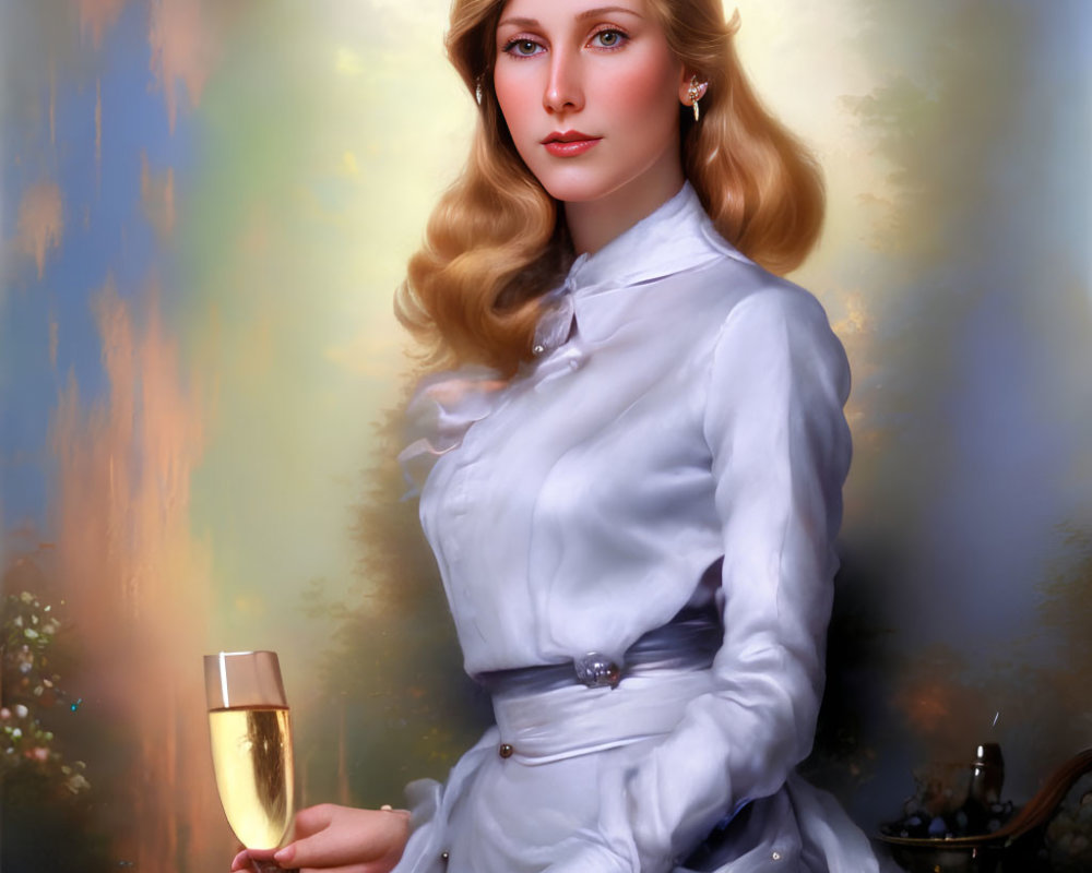 Blonde woman in blue dress with champagne flute against elegant backdrop