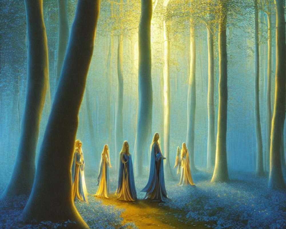 Ethereal figures in flowing robes wander through enchanted blue forest