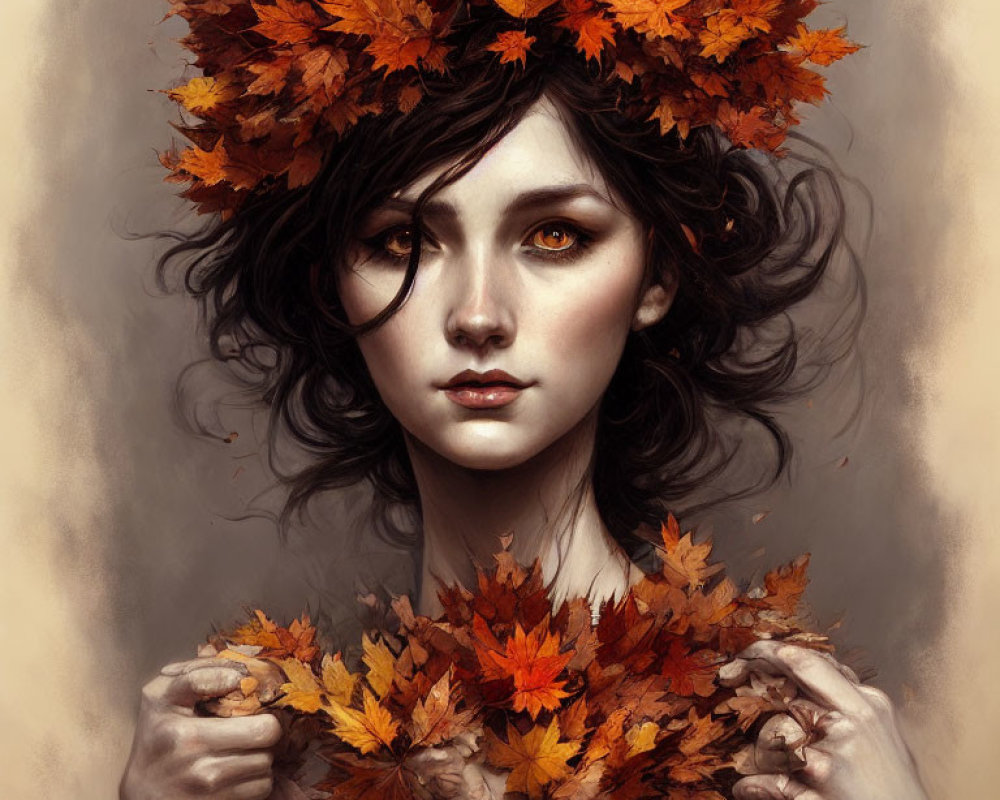 Intense gaze woman portrait with autumn leaves in hair and chest against neutral background