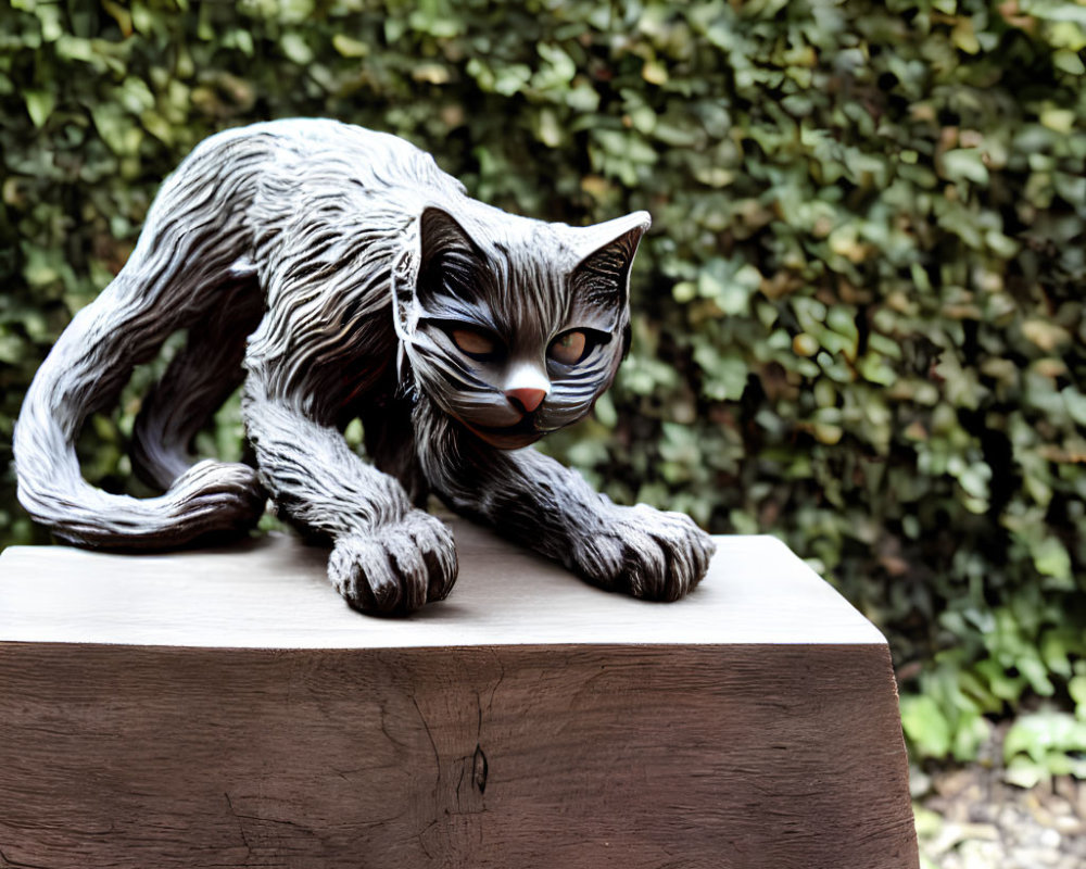 Realistic Grey Striped Cat Sculpture on Wooden Pedestal with Green Hedge Background