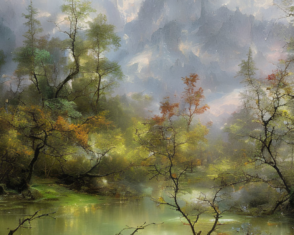 Tranquil river landscape with vibrant trees and misty mountains