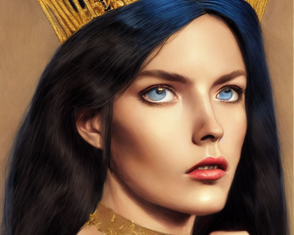 Detailed digital portrait of a woman with striking blue eyes and gold crown