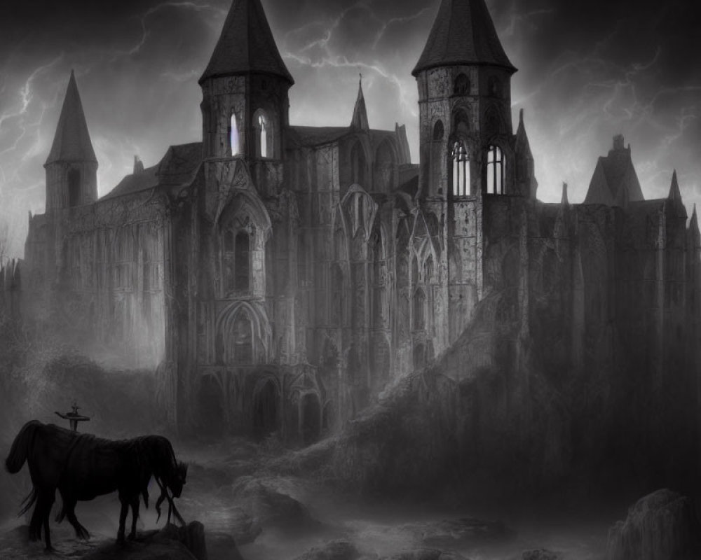 Knight facing gothic castle in stormy landscape