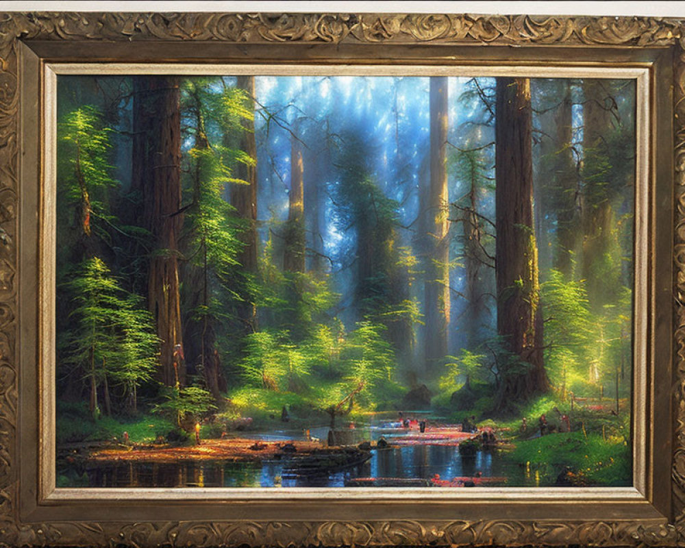 Ornate frame surrounds misty forest painting