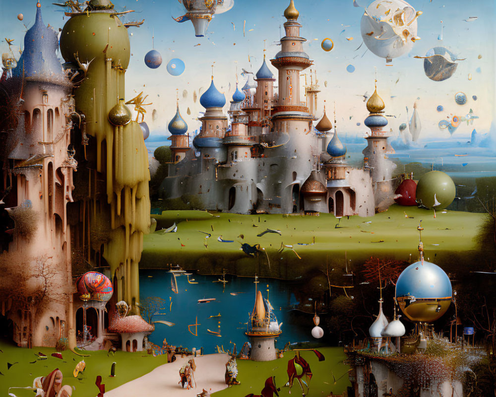 Fantasy Landscape with Castles, Orbs, and Creatures