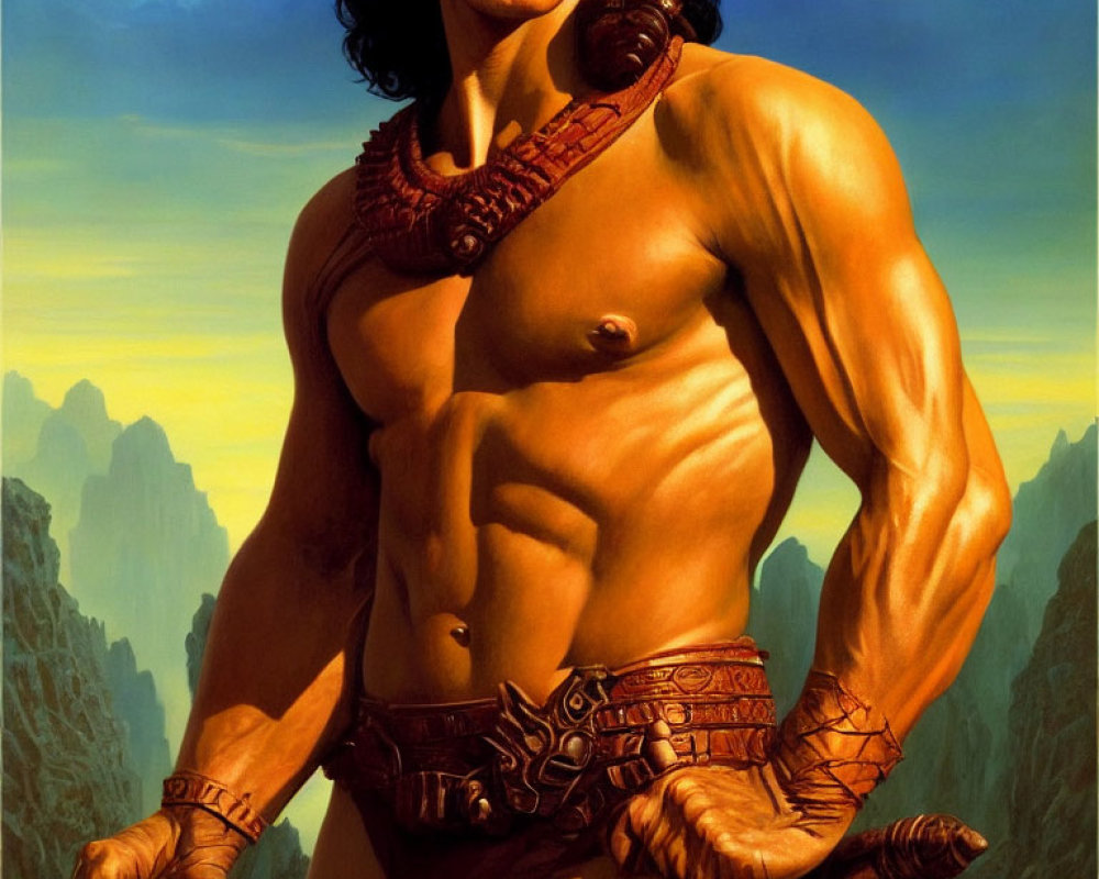 Muscular warrior with sword in loincloth and gauntlets in fantasy landscape.