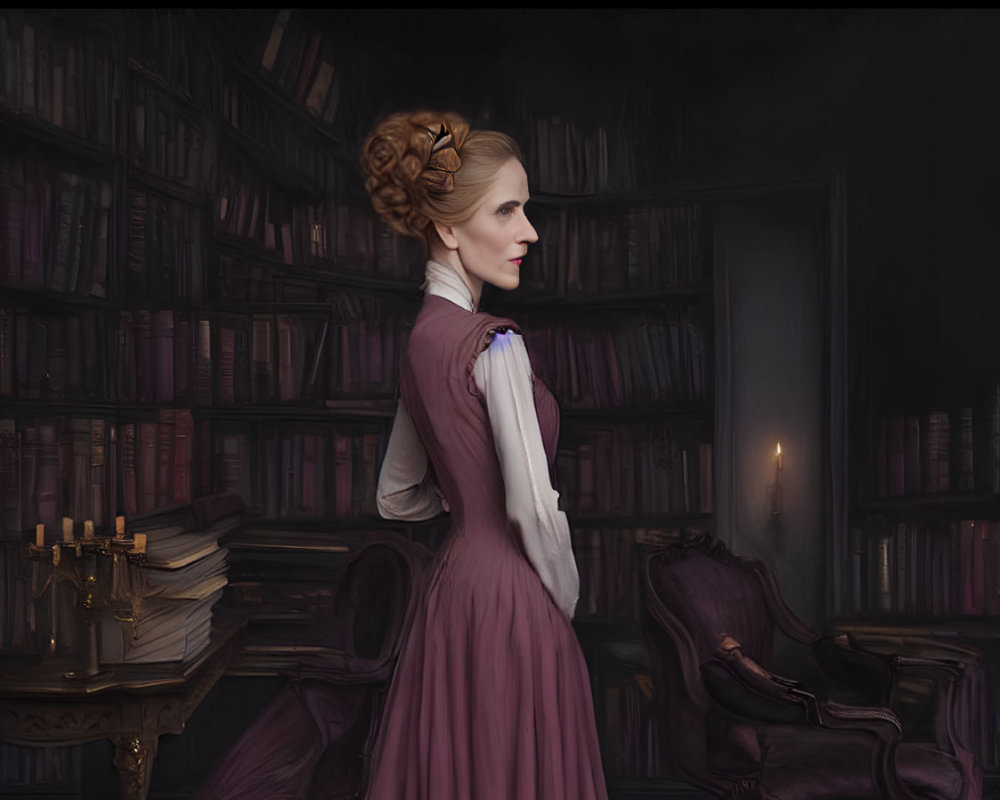 Woman in vintage purple gown in dark library with lit candle