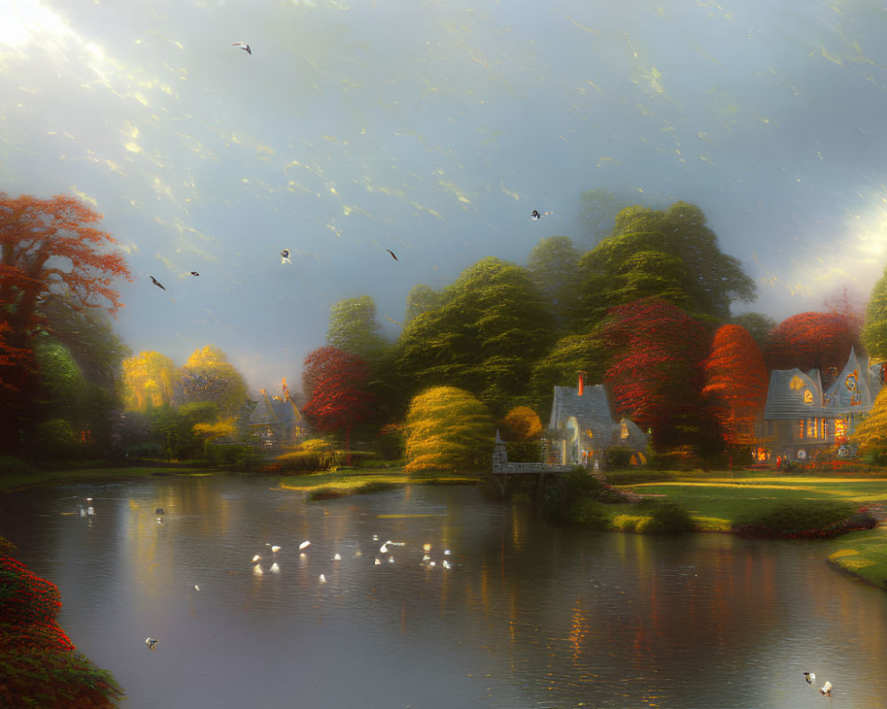 Tranquil autumn landscape with colorful trees, serene lake, stone house, and birds in dreamlike