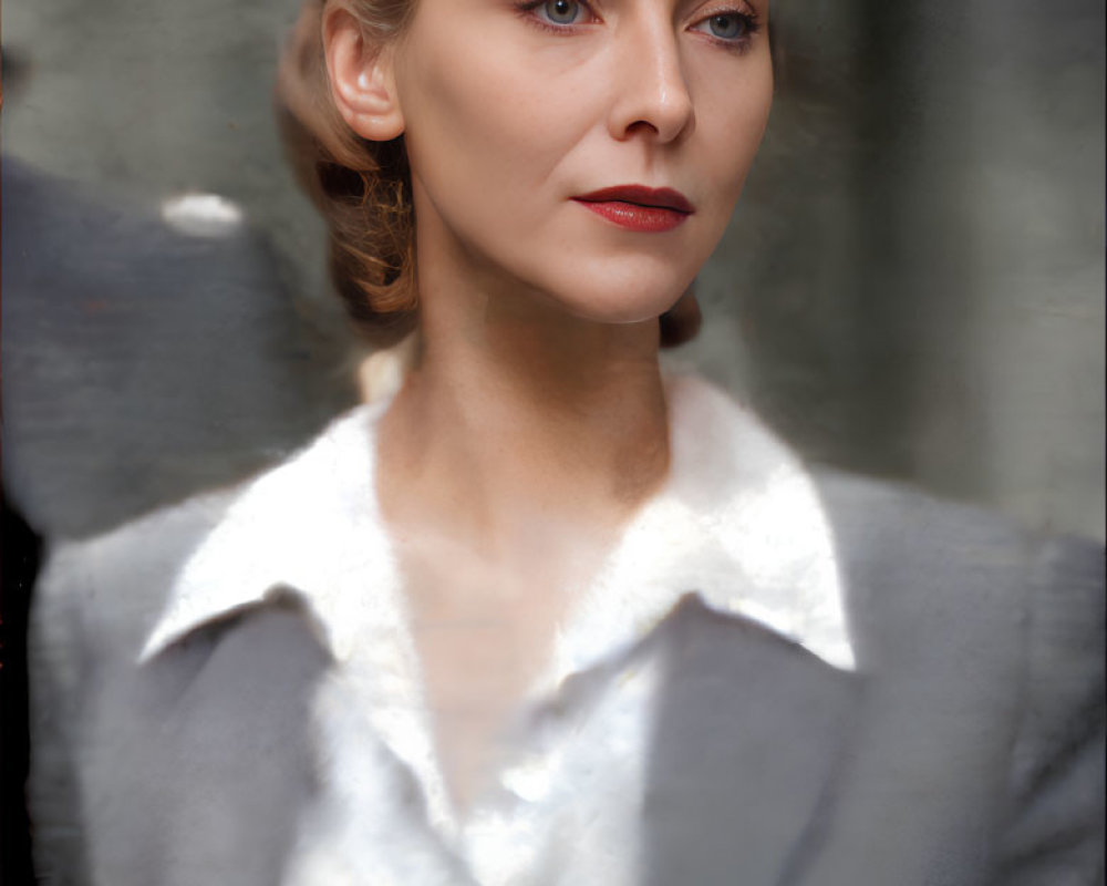 Vintage-style portrait of a woman with classic hairstyle and white collar blouse