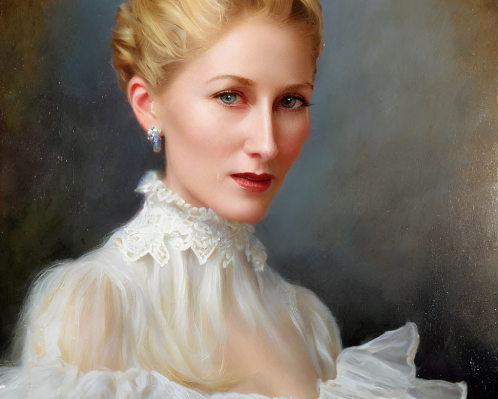 Blonde woman in updo with white lace dress & pearl earrings