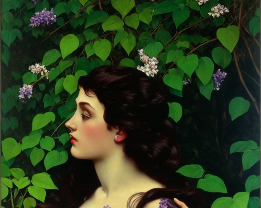 Profile of a woman with dark hair among green leaves and purple flowers