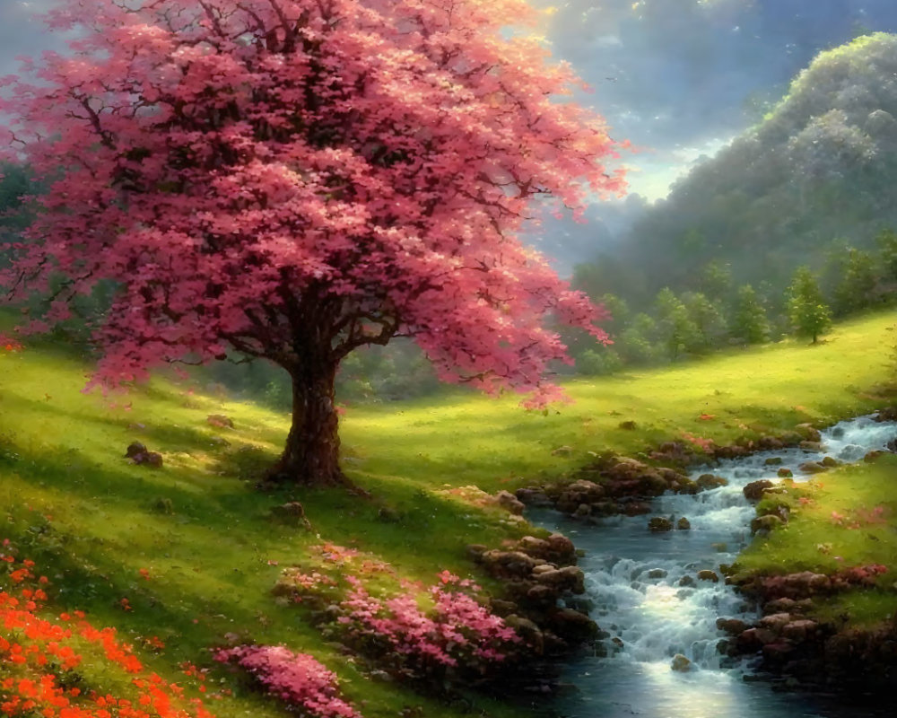 Colorful painting of lush landscape with blooming pink tree, tranquil stream, and vibrant flowers under soft