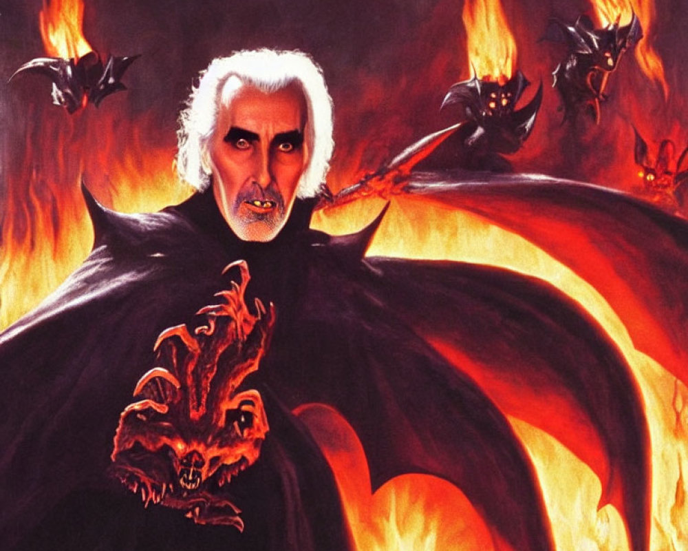 White-Haired Man in Dark Cape Surrounded by Fire and Winged Creatures