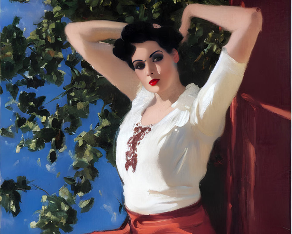 Portrait of woman with dark hair and red lipstick in white blouse and red skirt against red wall.