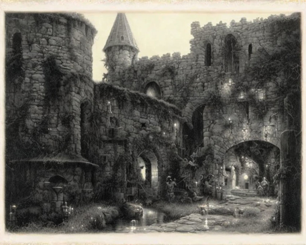 Monochromatic illustration: Ancient overgrown castle with arched entrances and towers, dimly lit by