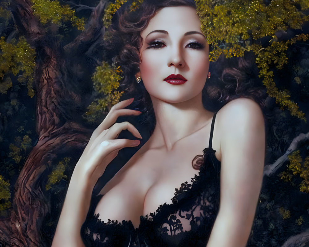 Stylish woman in black lace dress with red lipstick and pendant in nature setting