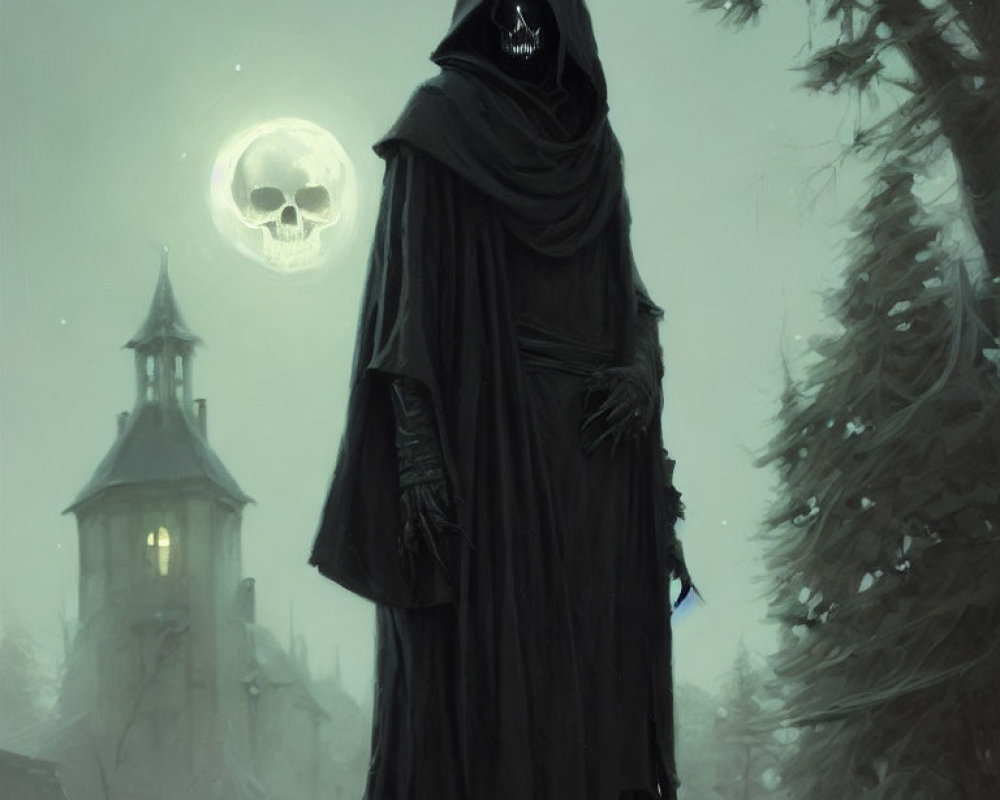 Skull-faced figure in cloak under ghostly moon with eerie tower & misty trees