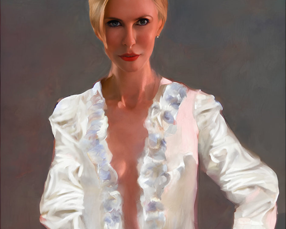 Blonde Woman in White Blouse with Red Lipstick