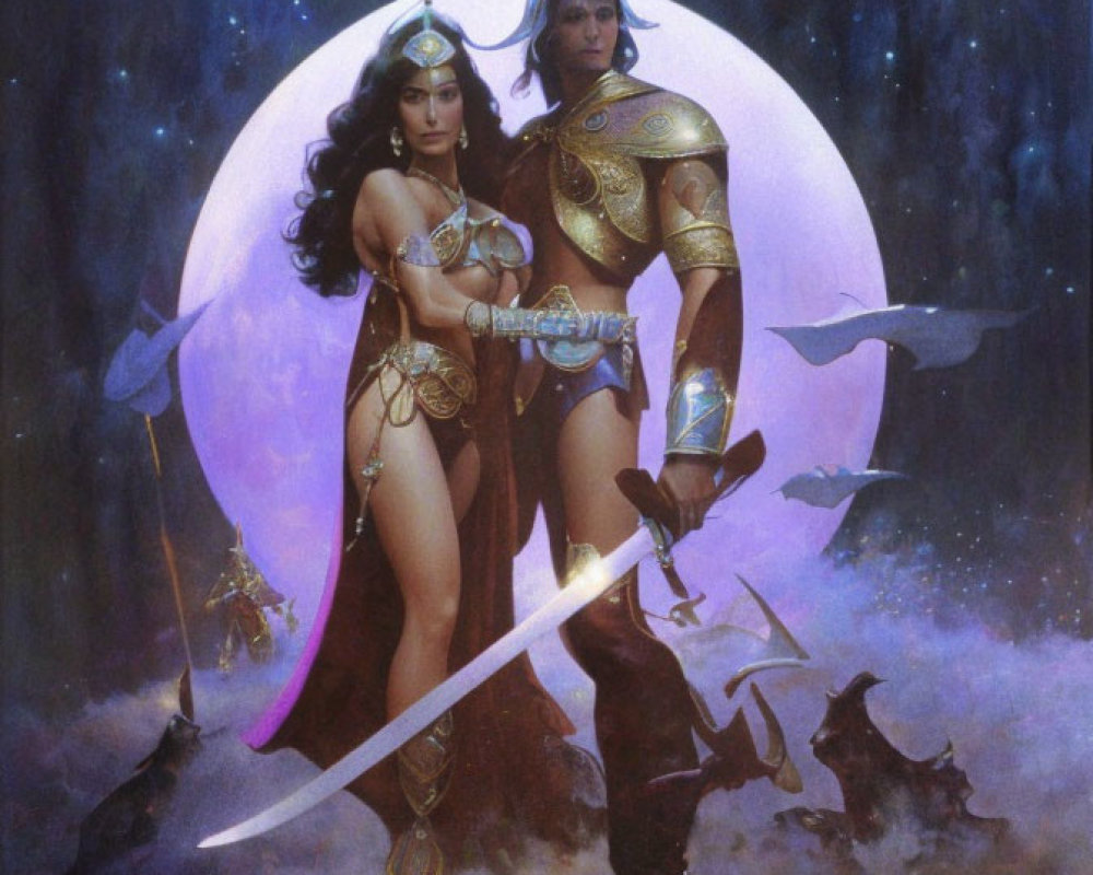 Male and female fantasy warriors in ornate armor, standing back-to-back with swords in a cosmic setting