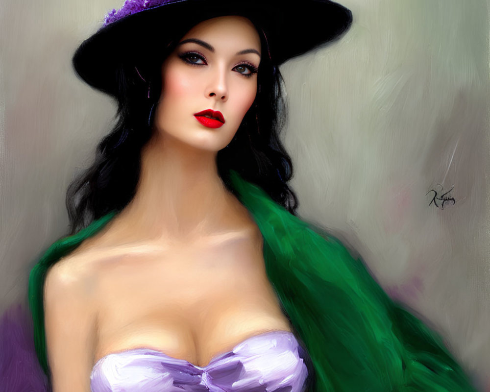 Digital painting of woman with red lips, large brimmed hat, purple flowers, green shawl