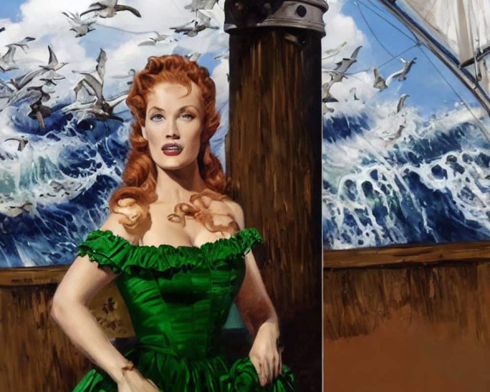 Red-haired woman in green dress by sea with flying seagulls