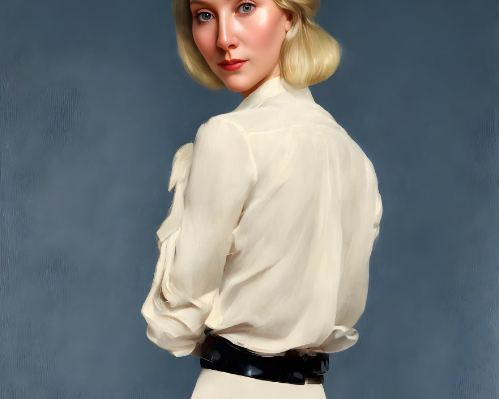 Blonde Woman Portrait in White Blouse on Grey Background