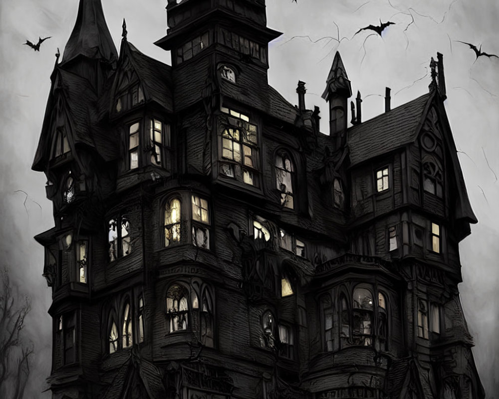 Gothic-style haunted house with lit windows, towering spires, and flying bats