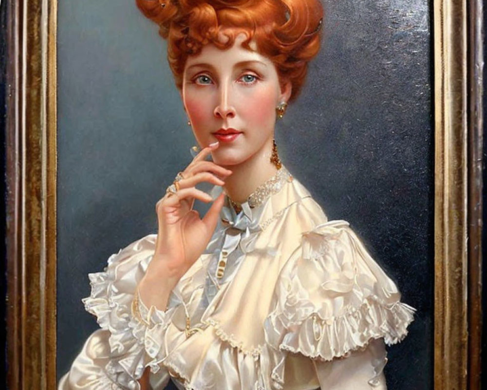 Elaborate Redhead Updo Woman Portrait in Cream Blouse