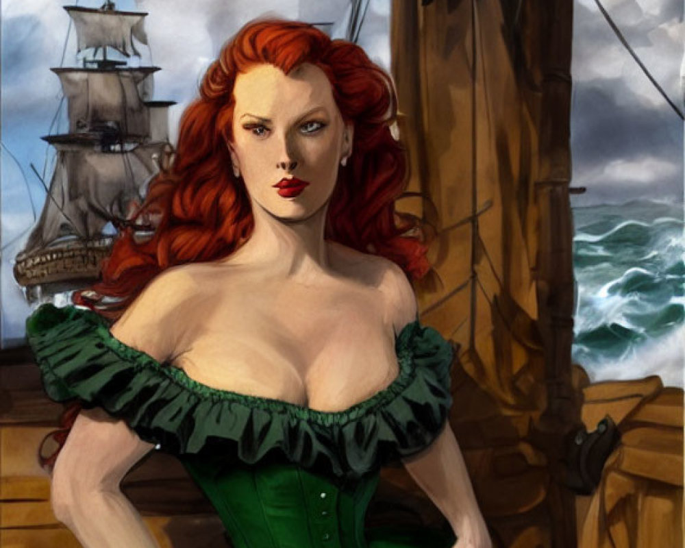 Red-haired woman in green dress on ship deck with seagull and cloudy sky