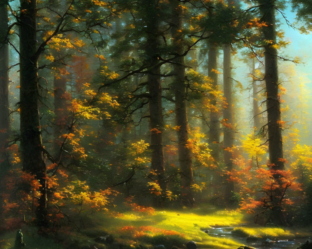 Serene forest scene with sunlight filtering through autumn leaves