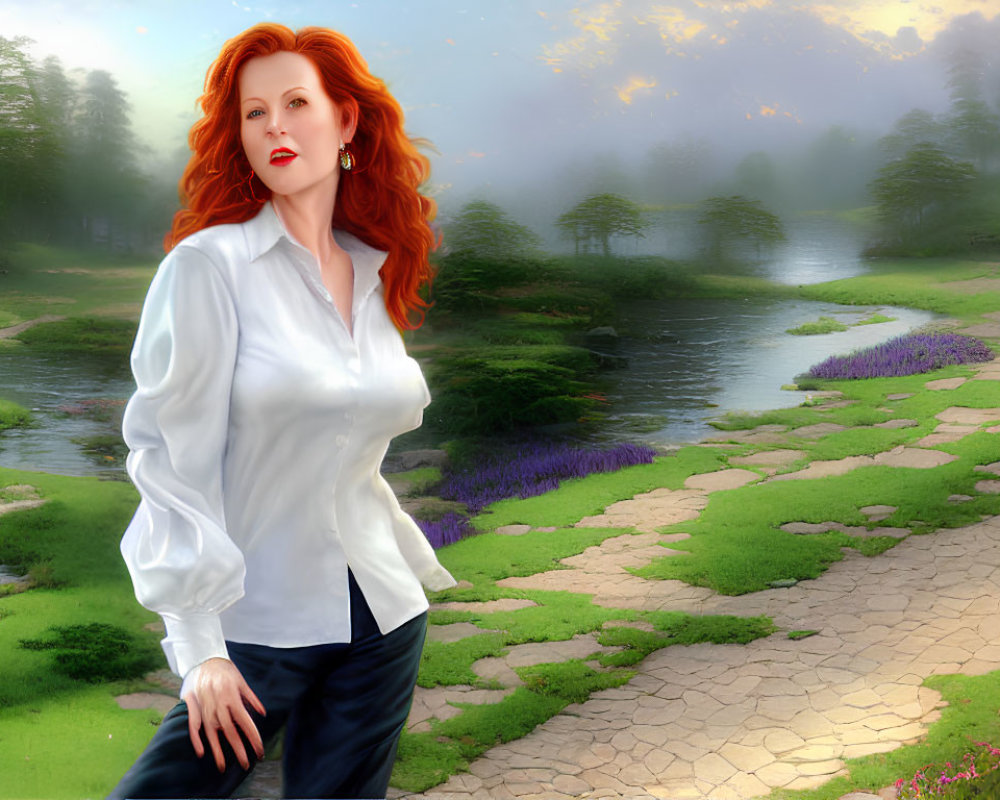 Red-haired woman in white blouse and navy skirt in serene landscape.